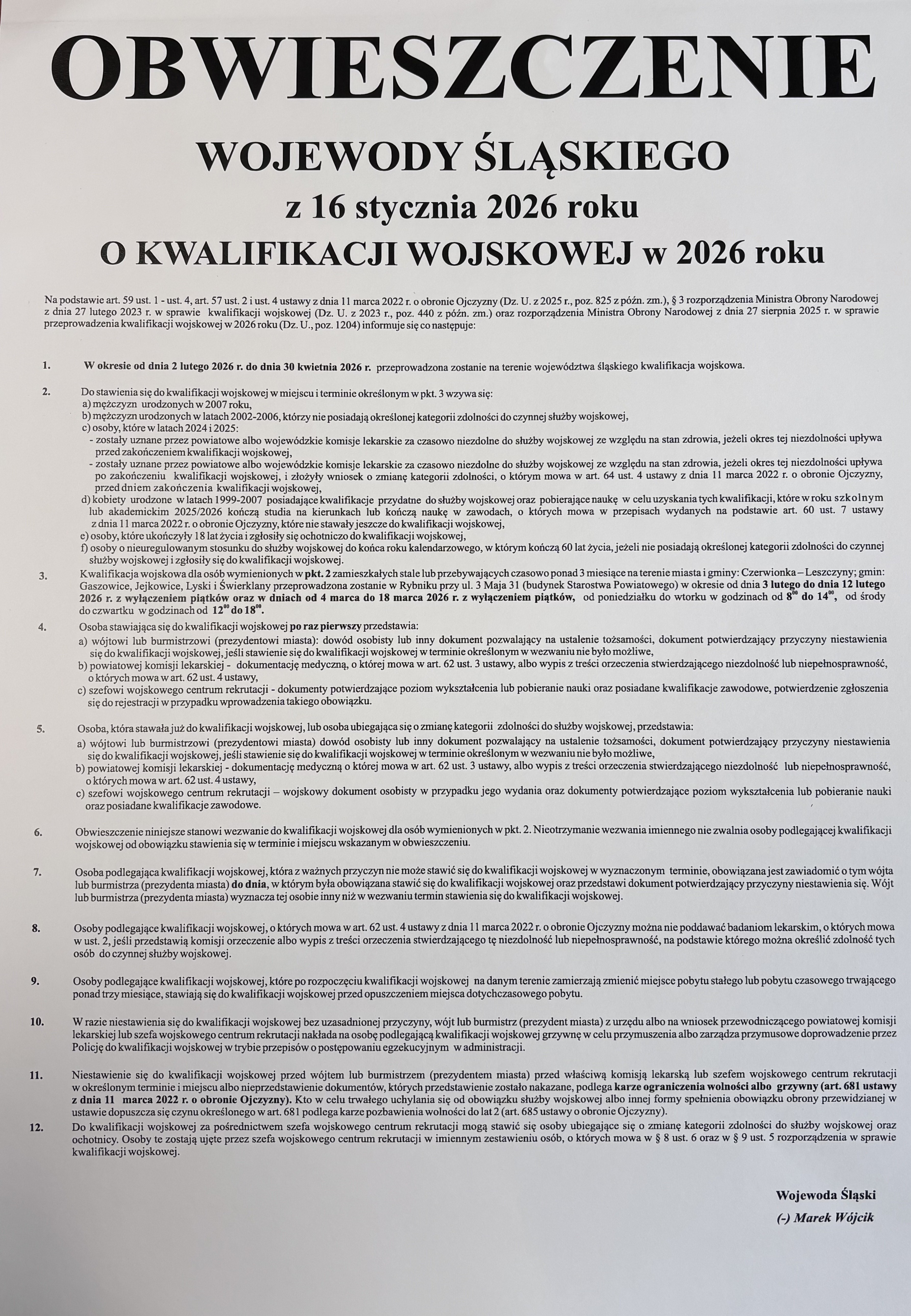 Obwieszczenie Kwalifikacja Wojskowa 2026